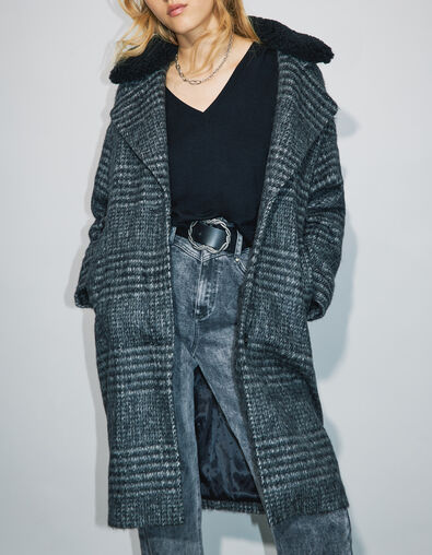 Women’s grey check coat with black faux fur collar - IKKS