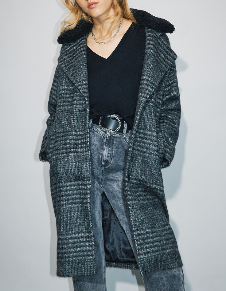 Women’s grey check coat with black faux fur collar-1