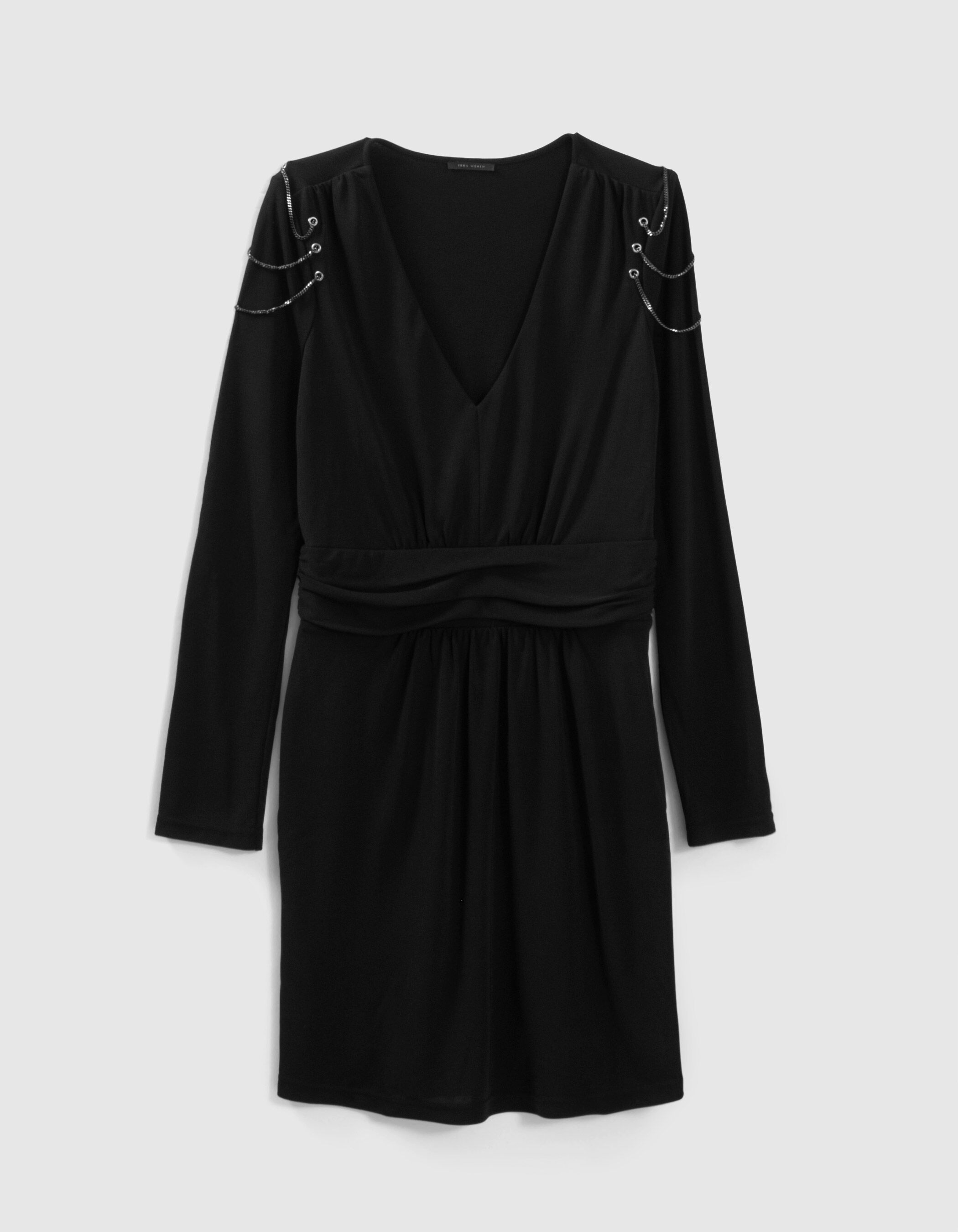 Women s short black belted V neck dress