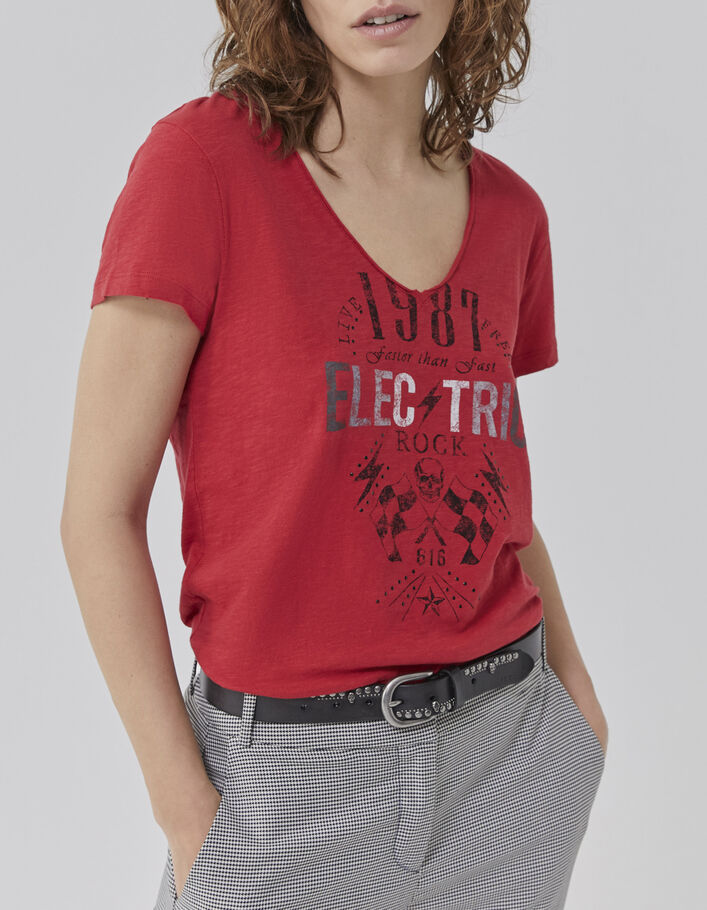 Tee-shirt rouge à message avec clous  Femme - IKKS