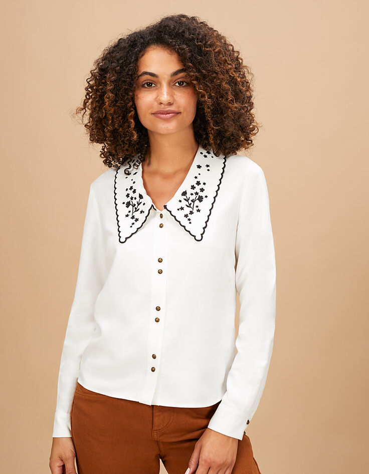 Cremeweiße Bluse mit großem, schwarzem Kragen I.Code-4
