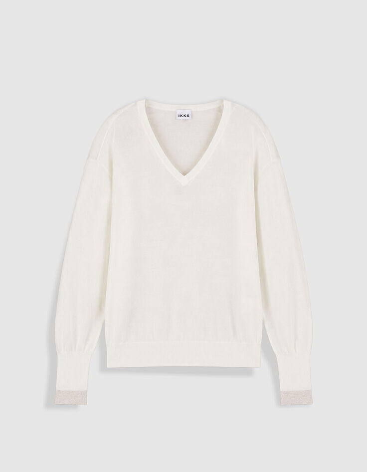Pull encolure V blanc 100% laine Femme-5