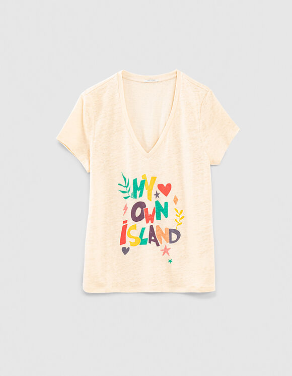 Women’s ecru linen T-shirt with multicolour slogan image