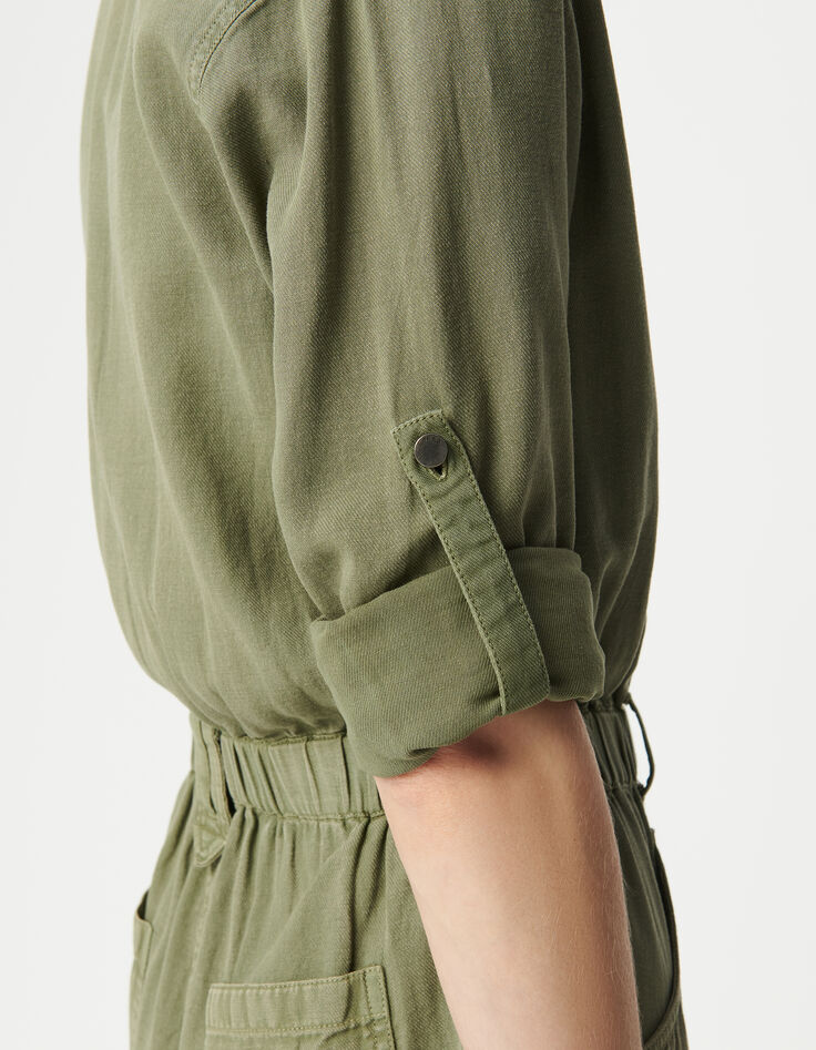 Women's elasticated waist soft khaki denim jumpsuit-5