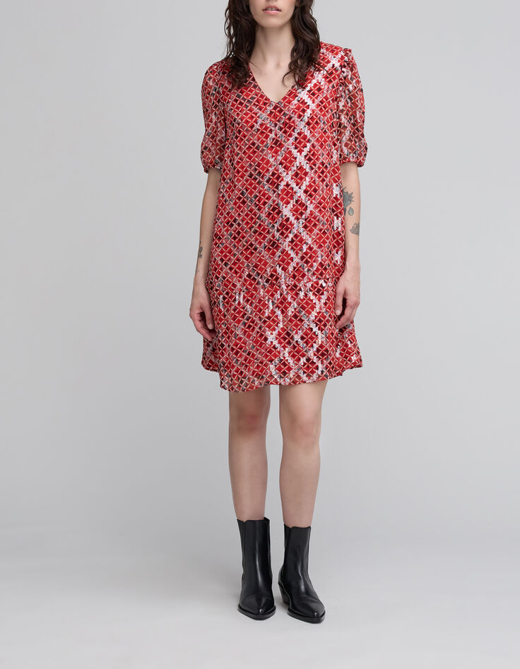 Robe courte en voile rouge imprimé Trellis femme-1