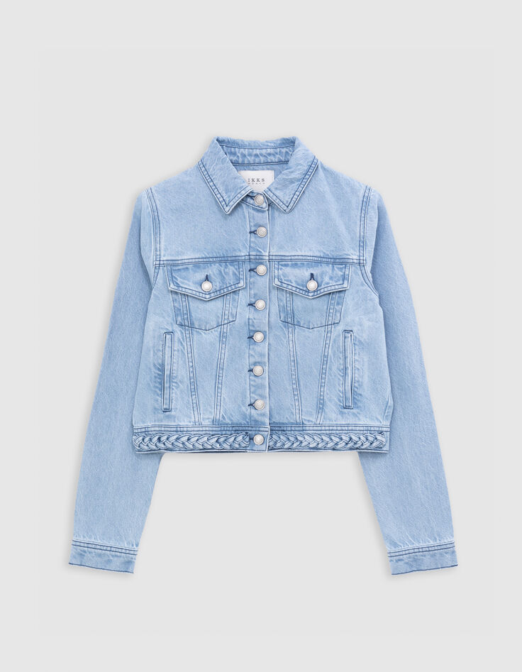 Veste en jean bleu ciel waterless d&eacute;tail tresse Femme-5