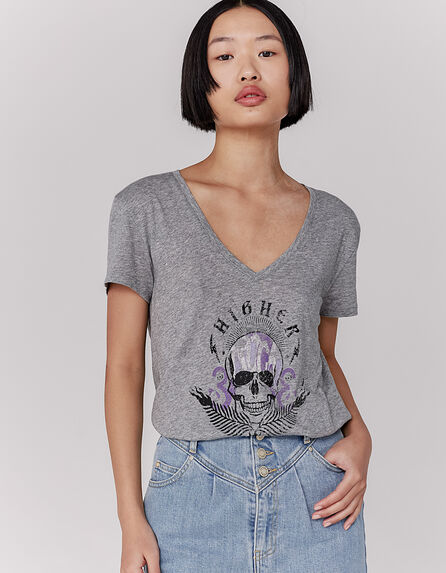 Camiseta algodón modal gris calavera mujer