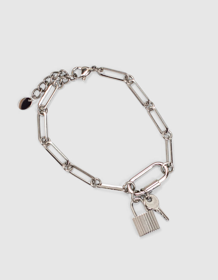 Bracelet grosse maille argenté mousqueton et charms femme-4