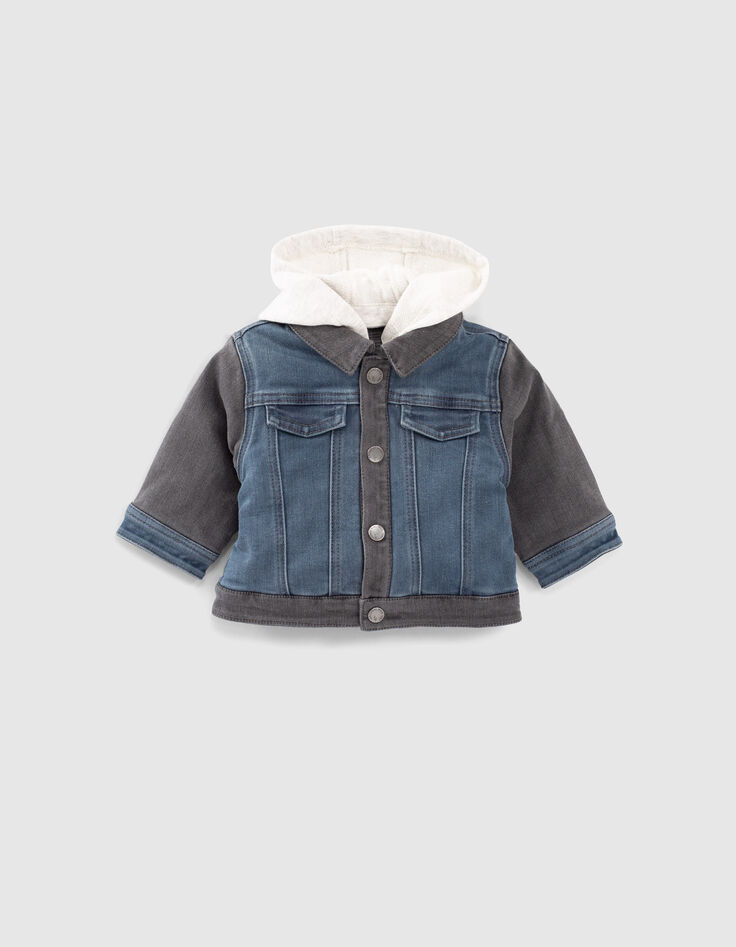 Blouson en jean réversible bleu et carreaux bébé garçon-2