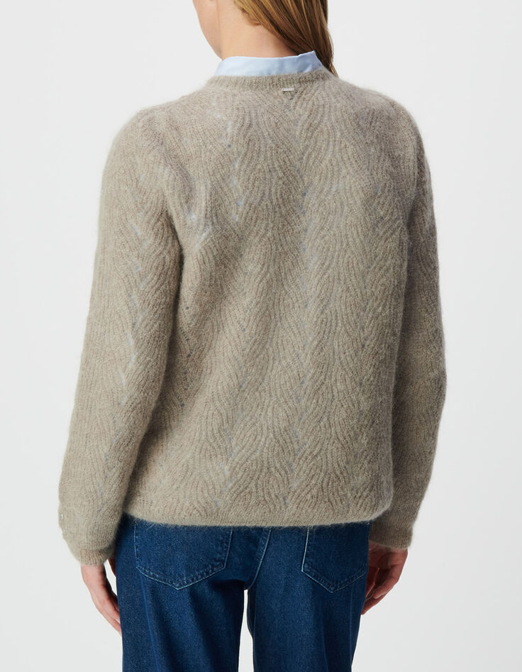 Beige gebreide trui gemengd mohair fantasiekabels Dames-3