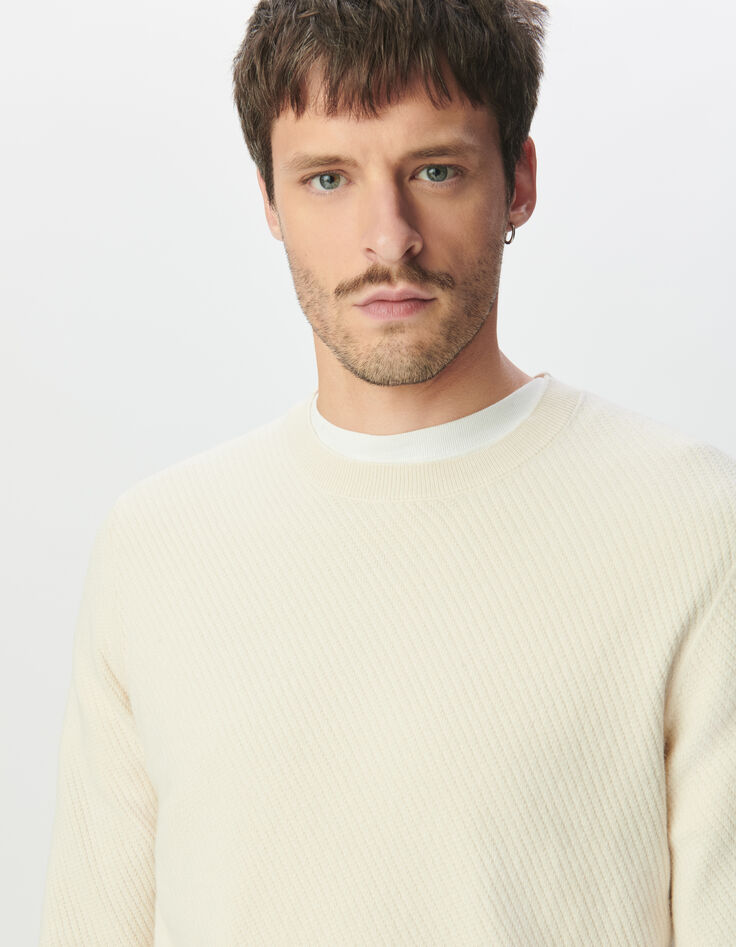 Pull écru tricot relief col rond Homme-4