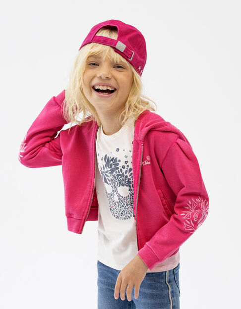 Girls’ pink hooded cardigan with embroidered sleeves