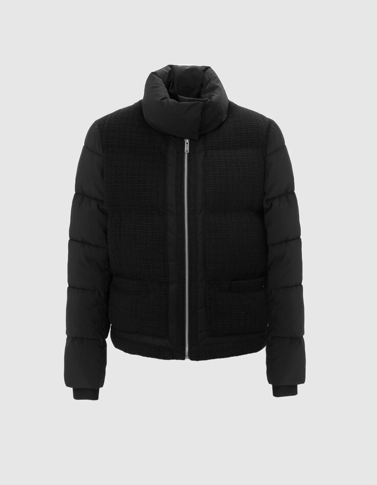 Doudoune courte bi-matière noir badge manche femme-1