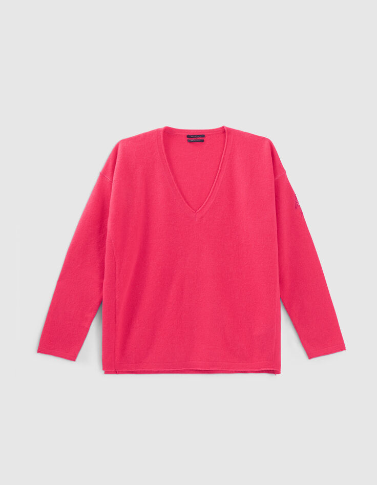 Women’s neon pink pure cashmere knit V-neck sweater-6