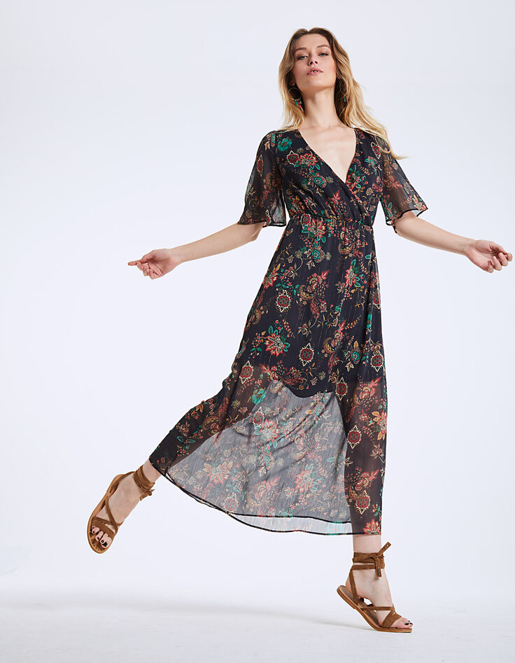 Robe longue col V en voile imprimé floral métallisé-1
