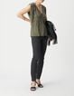 Tee-shirt col V kaki broderie tigre Femme-1