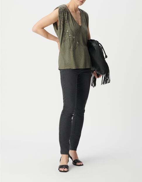 Mujer Camiseta caqui con bordado de tigre y cuello en V - IKKS