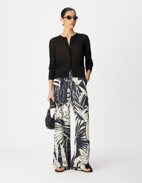Pantalon large marine satin&eacute; imprim&eacute; maxi feuilles Femme - IKKS
