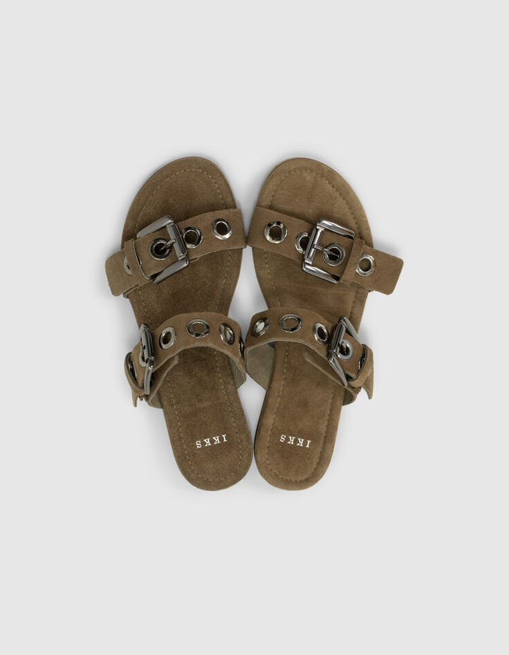 Mules kaki en cuir velours brides &agrave; &oelig;illets Femme-5