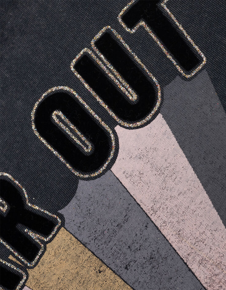 Grijs T-shirt biokatoen geflockte tekst en strepen meisjes-7
