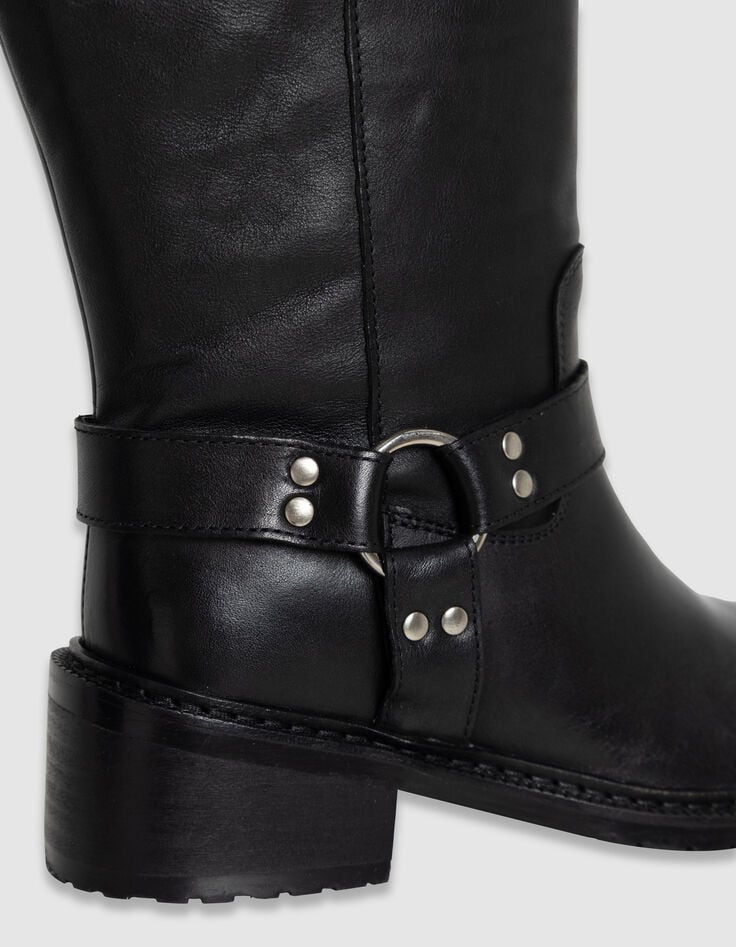 Botas negras cuero motero doble hebilla mujer-4