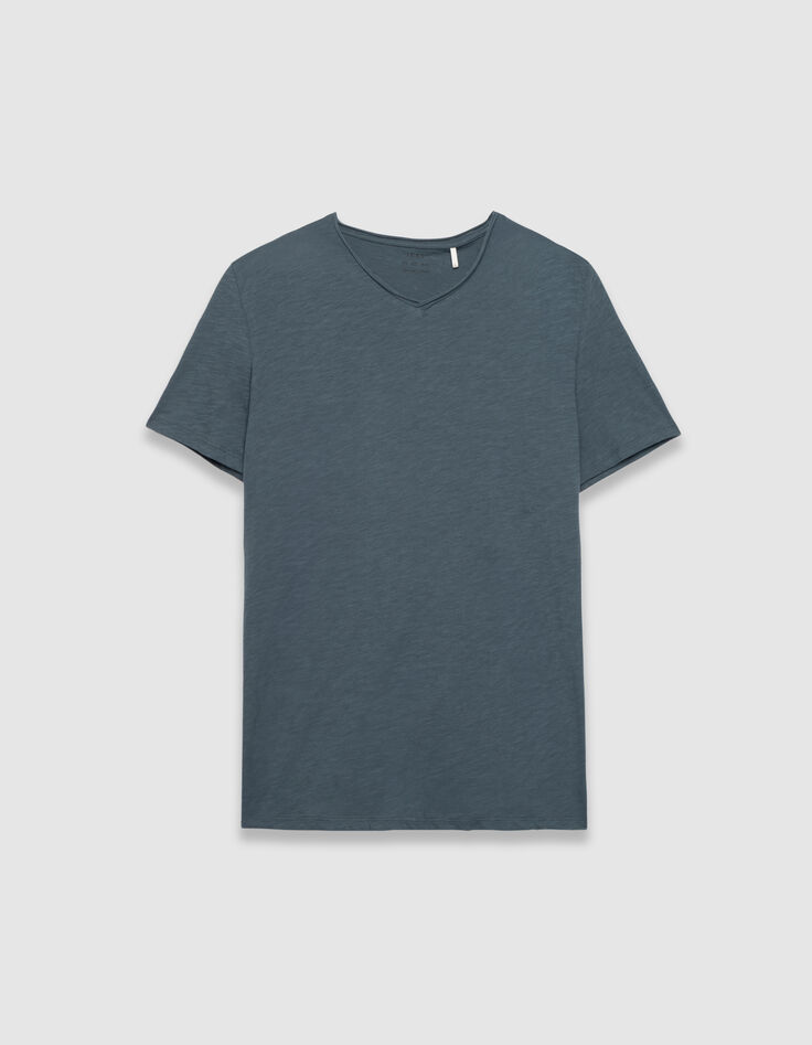 T-shirt encolure V bleu grisé coton bio flammé Homme-5