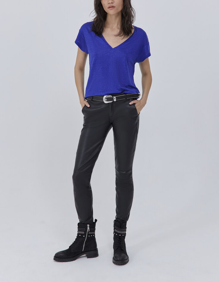 Tee-shirt bleu en maille de lin foil Femme-6