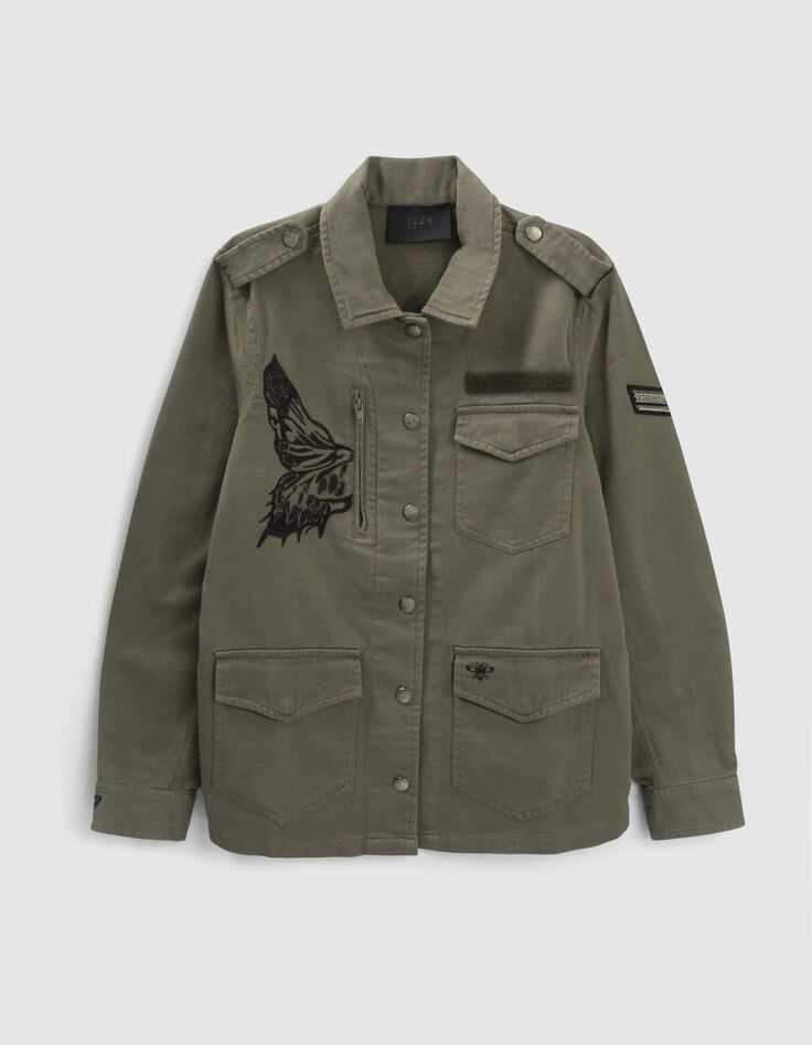 Damen-Safarijacke, Khaki, schwarzes Schmetterlingsmotiv-7