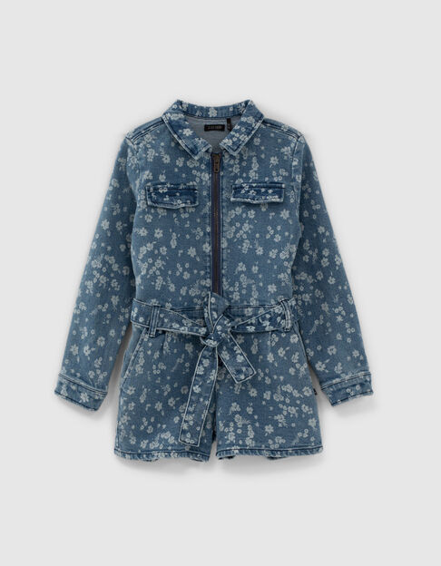 Kurzer Medium Blue Mädchenjeansoverall mit Blumenprint