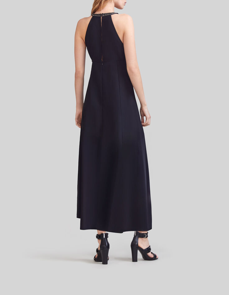 Vestido largo negro plastrón bordado cuentas metal mujer-2