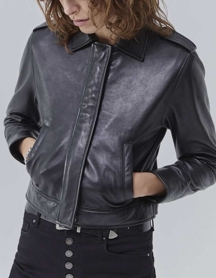Veste courte en cuir noir avec pattes épaules Femme-1