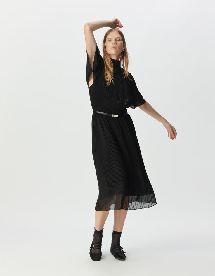 Vestido negro gasa plisada largo midi mujer-3 Vestido negro gasa plisada largo midi mujer-3
