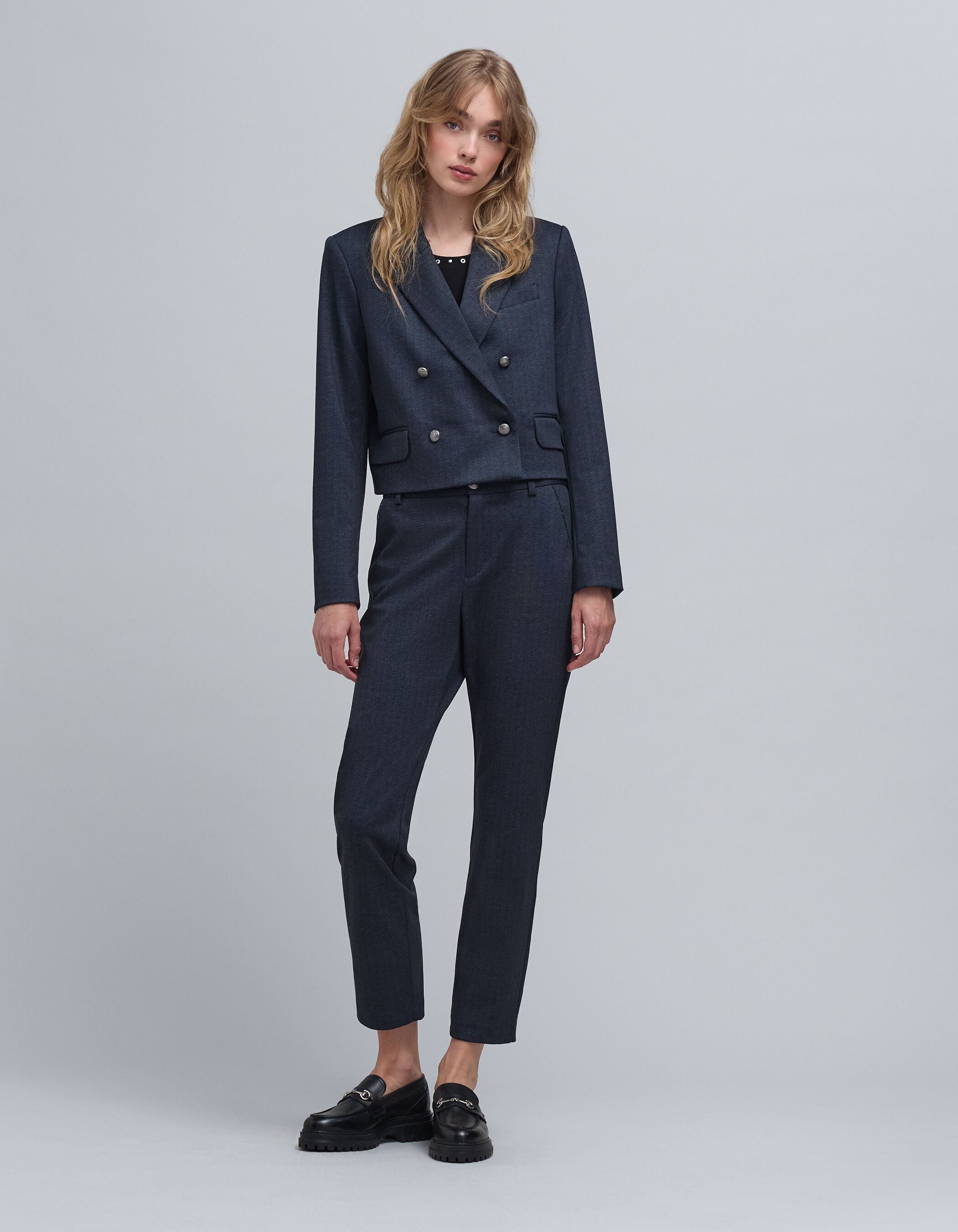 Women s navy herringbone pattern short suit jacket IKKS