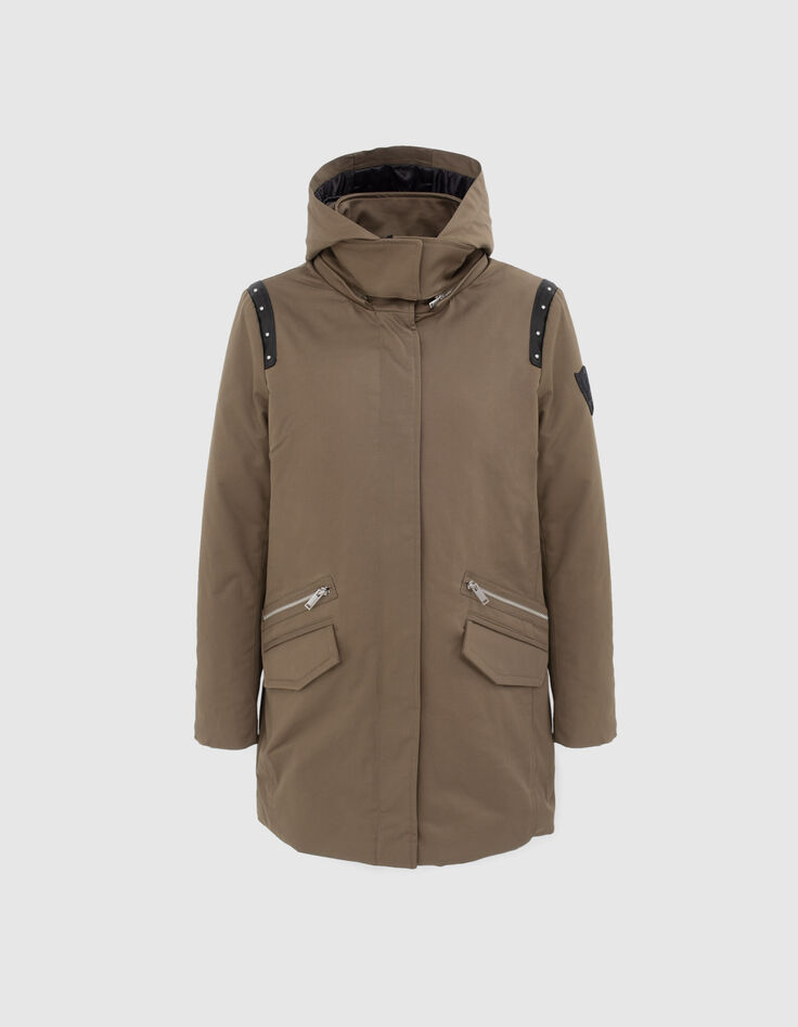 Parka capuche amovible coloris kaki avec écusson chevrons tête de mort femme-1