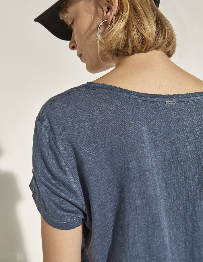 T-shirt in zigeunerblauw linnen met doodshoofdopdruk dames - IKKS