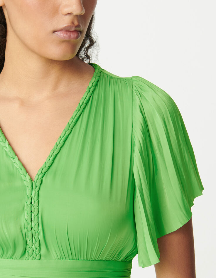 Women's green satin pleated short dress-4