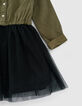Girls&rsquo; dark khaki mixed-fabric dress with black tulle-7