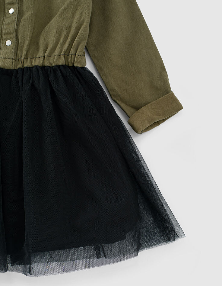 Girls&rsquo; dark khaki mixed-fabric dress with black tulle-7