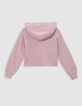 Sweat rose cropped à capuche message pailleté fille-5