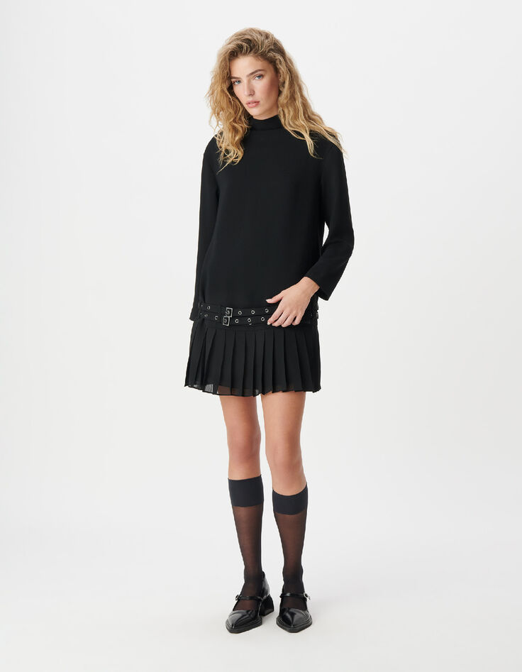 Robe courte noire pliss&eacute;e avec ceinture &agrave; &oelig;illets Femme-2