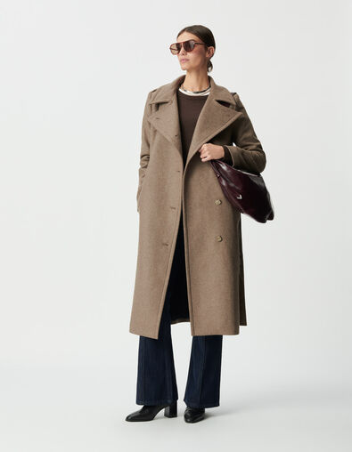Manteau long beige lainage esprit caban ceintur&eacute; Femme - IKKS