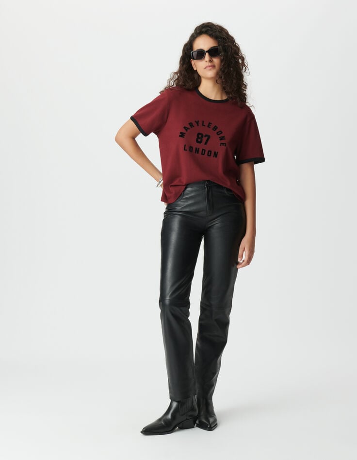 Camiseta burdeos mensaje terciopelo flocado mujer-1 Camiseta burdeos mensaje terciopelo flocado mujer-1