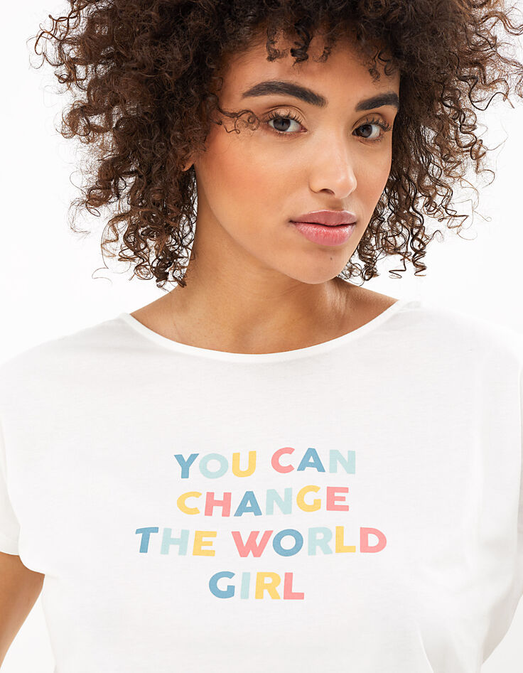 I.Code off-white organic T-shirt with coloured slogan-4