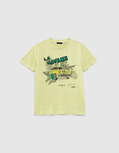 Boys' lime T-shirt with skeleton-car image and embroidery - IKKS
