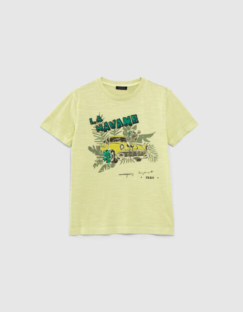 Boys' lime T-shirt with skeleton-car image and embroidery - IKKS