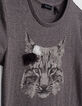 T-shirt gris de lin visuel lynx et fleurs 3D fille-4