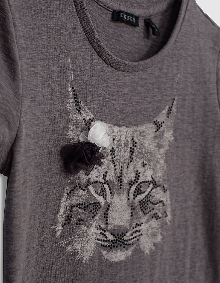 T-shirt gris de lin visuel lynx et fleurs 3D fille-4
