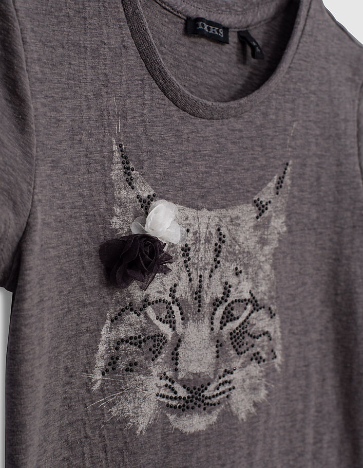 Grijs linnen T-shirt opdruk lynx en 3D-bloemen meisjes - IKKS