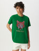 Green crew neck T-shirt with cat and lightning-2