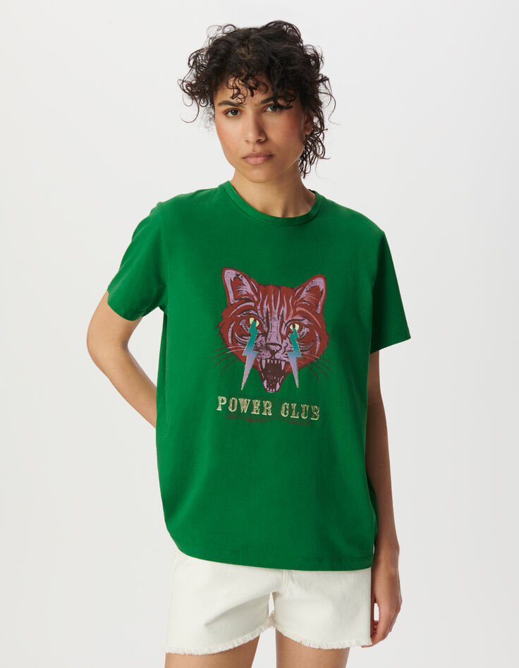 Green crew neck T-shirt with cat and lightning-2